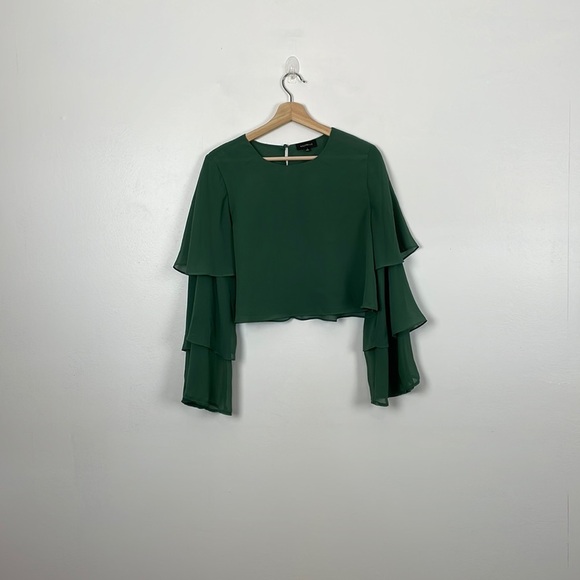 Majorelle top women size M lined long tiered sleeve green pullover crop sheer - Picture 1 of 7